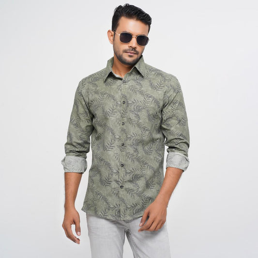 Green Print Cotton Full Sleeve Shirt