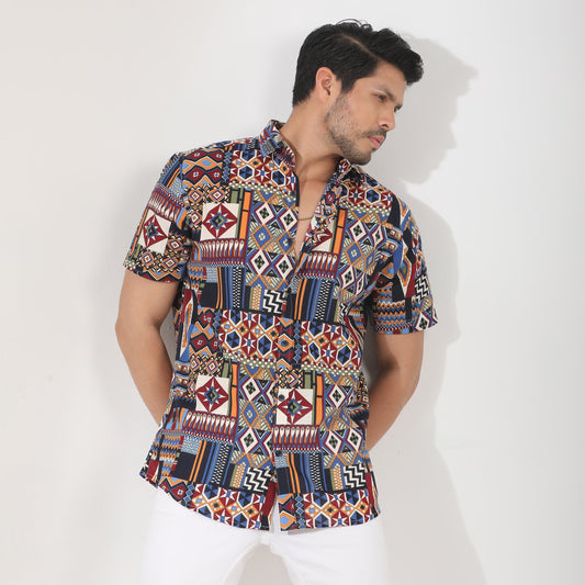 Digital Printed Ethnic Cotton Fabric Half Sleeve Shirts