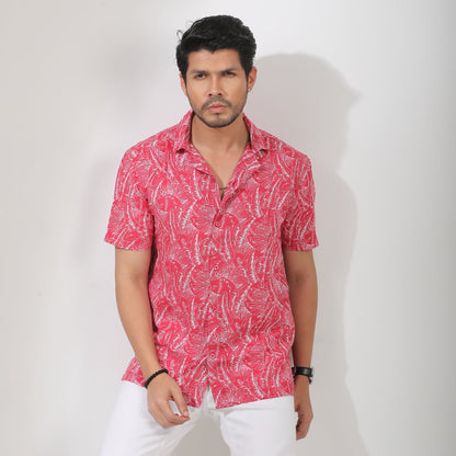 Red and White Floral Printed Cuban collar Half Sleeve Shirt
