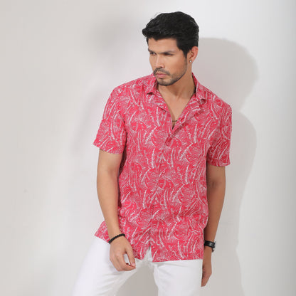 Red and White Floral Printed Cuban collar Half Sleeve Shirt