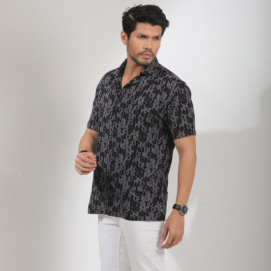 Faded Black and Off White Floral Printed Cuban Collar Half Sleeve Shirt