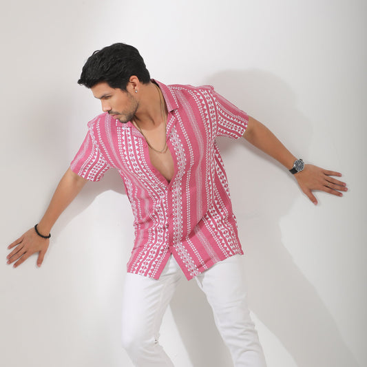 Hot Pink And White Printed Cuban Collar Half Sleeve Shirt