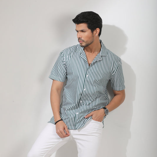 Green  and White Striped  Cuban Collar Half Sleeve Shirt