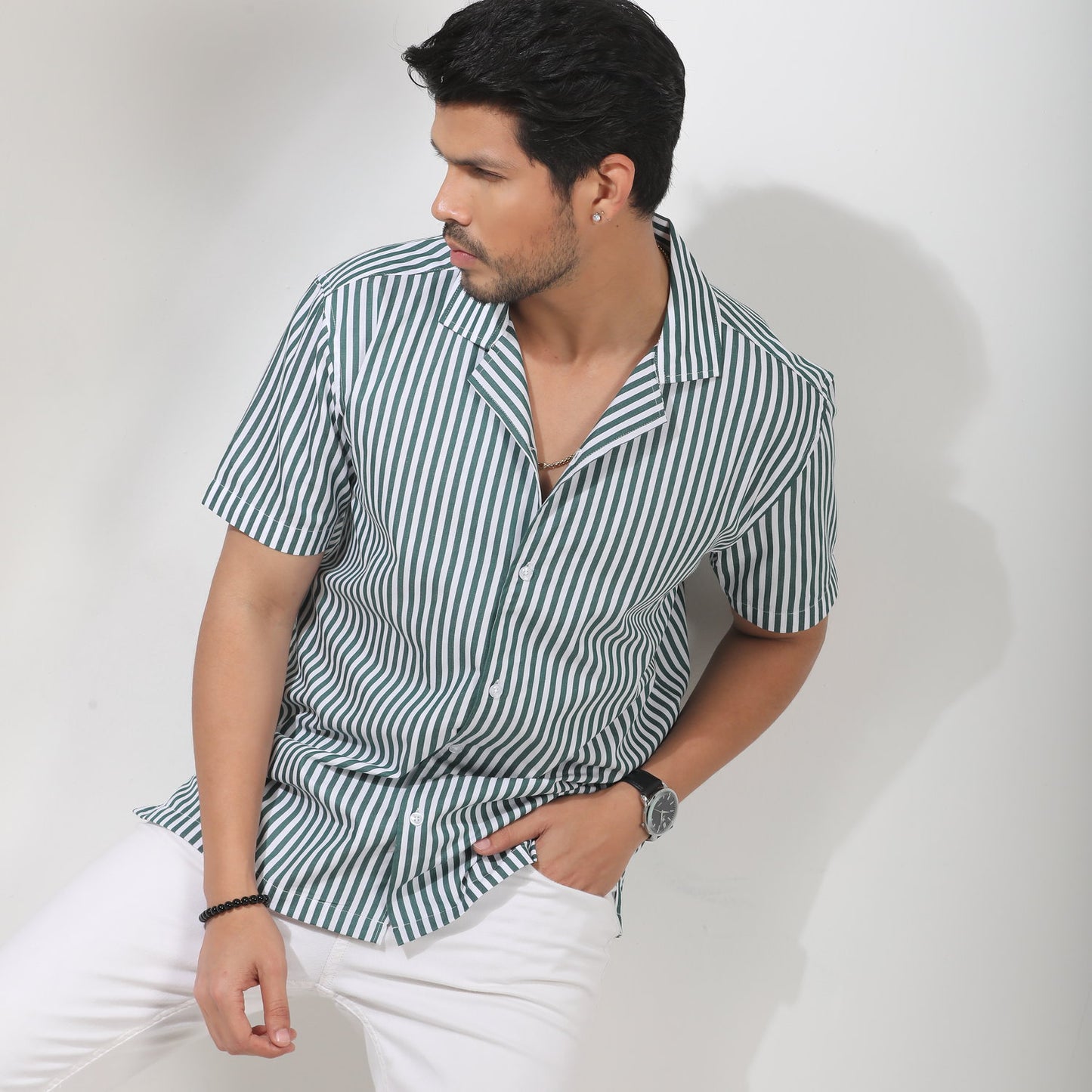 Green  and White Striped  Cuban Collar Half Sleeve Shirt