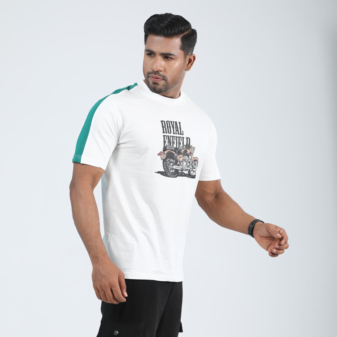 White And Green Contest Royal  Enfield Print T-shirt.