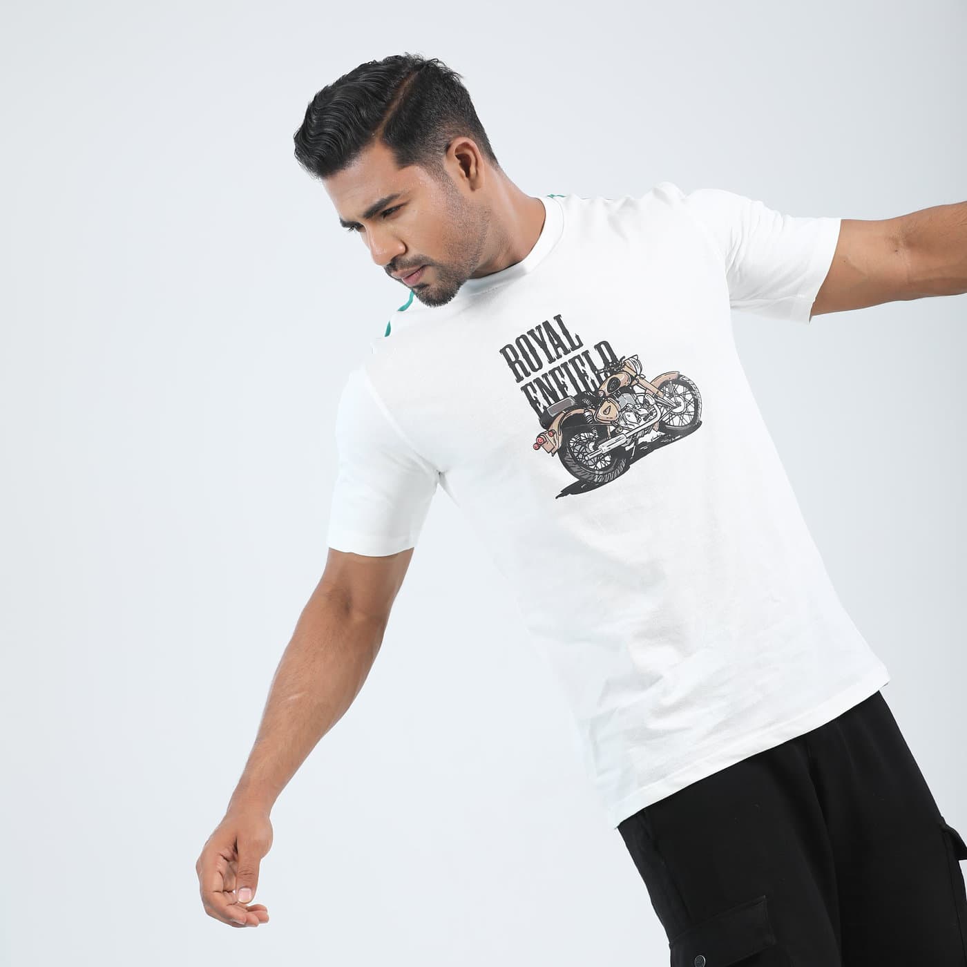 White And Green Contest Royal  Enfield Print T-shirt.