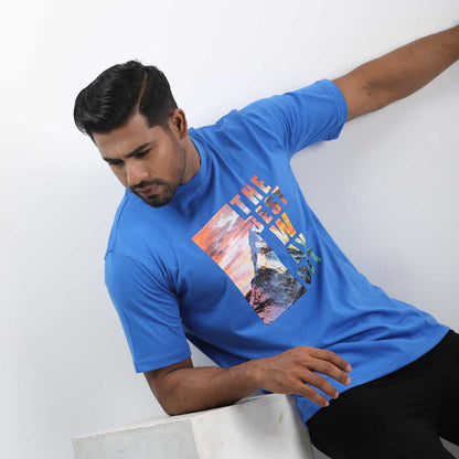 Raw Blue  Color Mountain Printed T-shirt