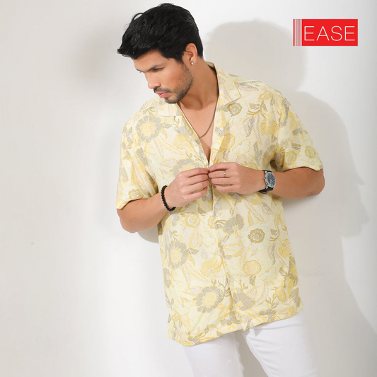 Pastel Yellow Floral Printed Cuban Collar Half Sleeve Shirt