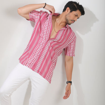 Hot Pink And White Printed Cuban Collar Half Sleeve Shirt