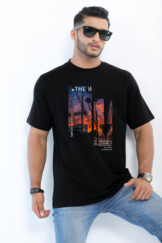 Black Color City Sky Printed Cotton T-shirt
